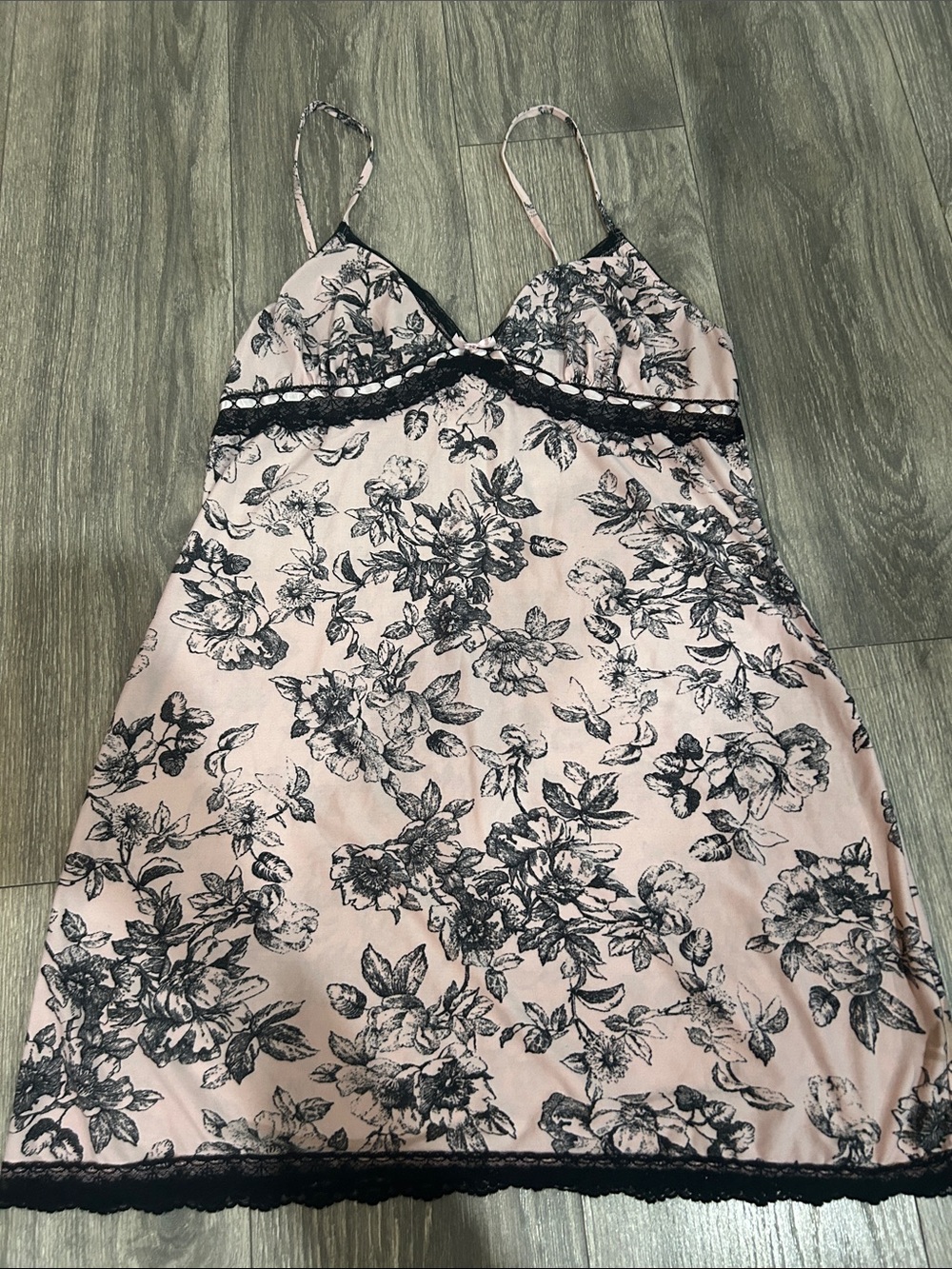 Floral Lace-Trim Pink & Black Slip Dress